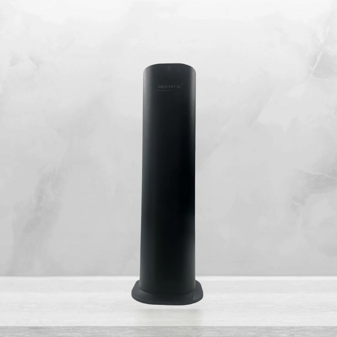 AirScent Tower Intelligent Scent Diffuser in sleek black finish, app-controlled with smart touch screen, designed for large spaces up to 1200m²