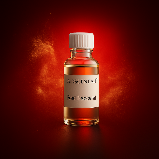 Bottle of Airscent.au Red Baccarat fragrance oil on a red background